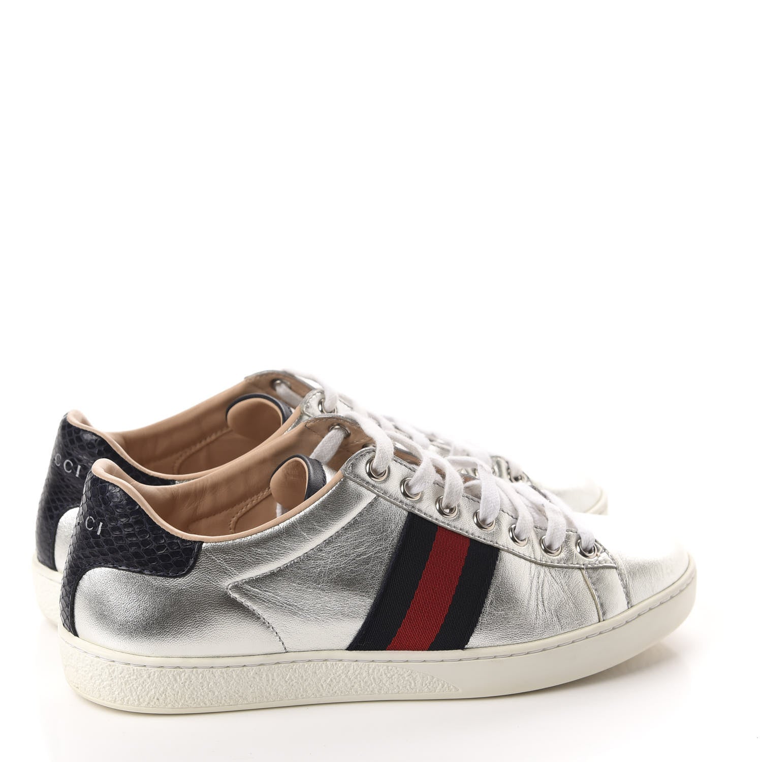 Gucci Metallic Nappa Silk Ayers Web Womens Ace Sneakers 37 Silver 4 of 10