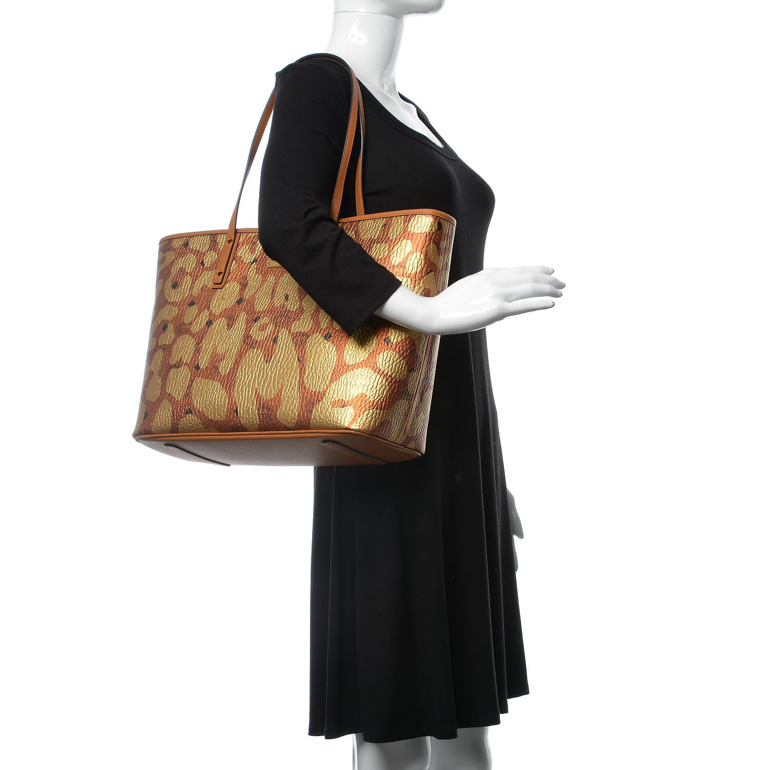 MCM Visetos Metallic Leopard Print Medium Anya Shopper Tote Cognac 2 of 8