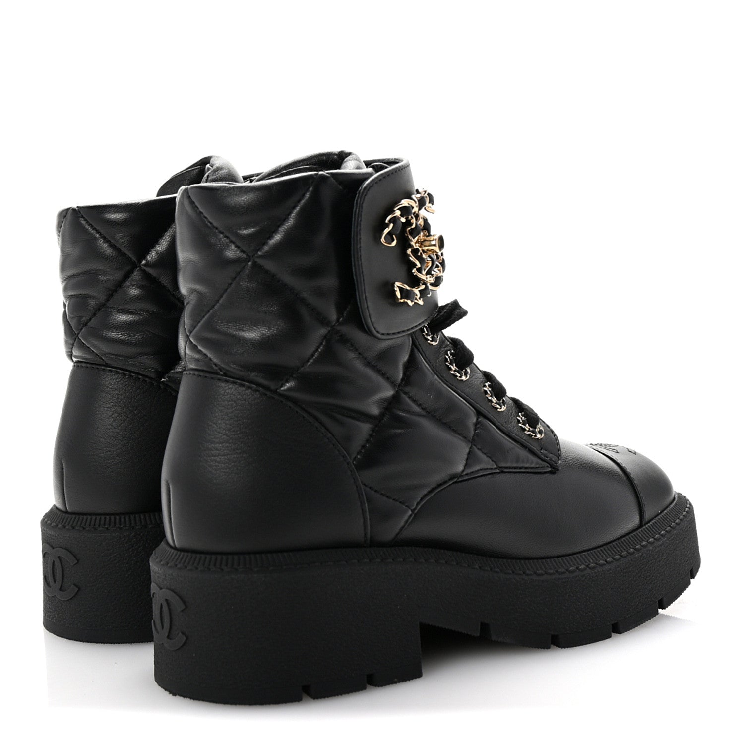 Chanel Lambskin Calfskin Quilted Lace Up Combat Boots 37 Black