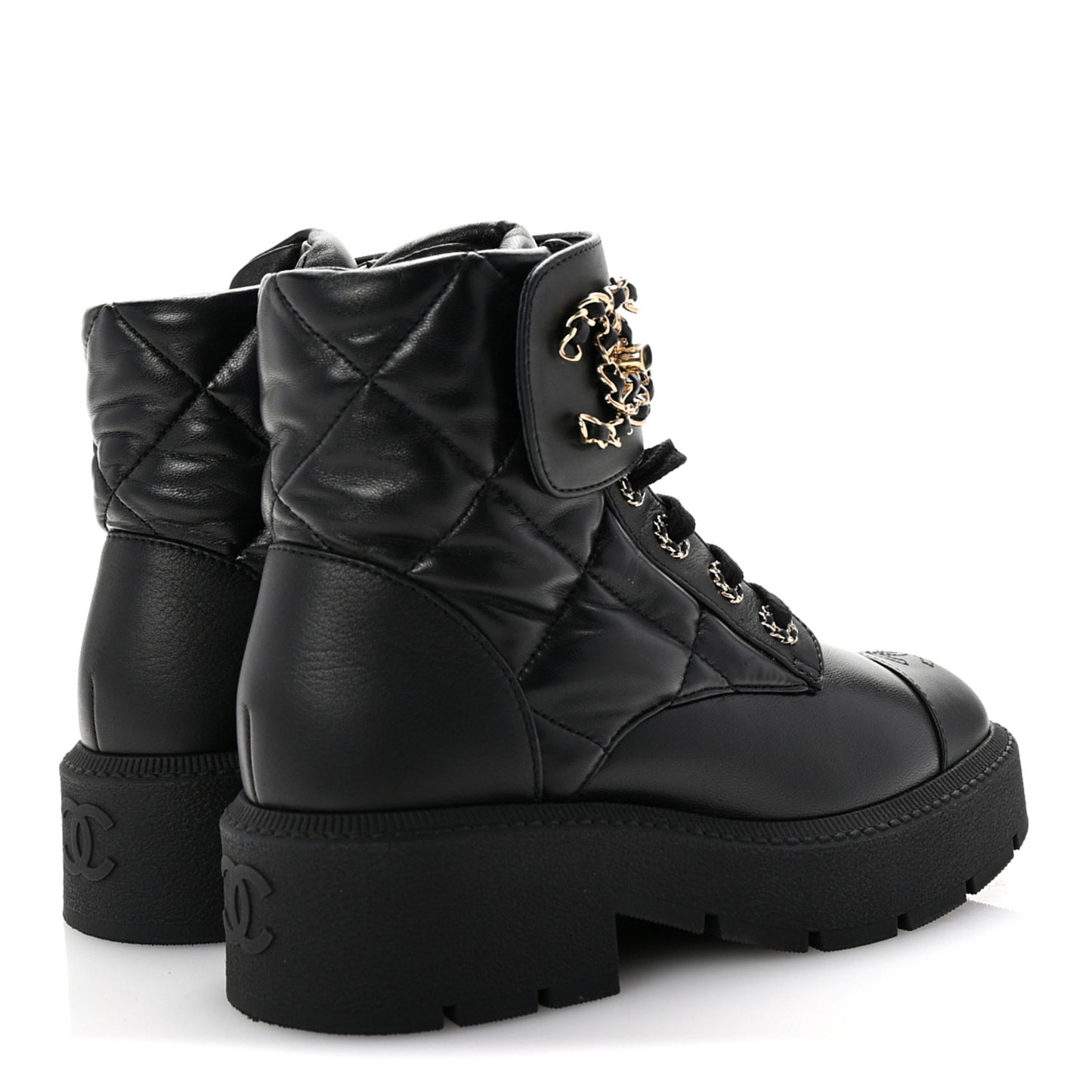 Lambskin Calfskin Quilted Lace Up Combat Boots 37 Black