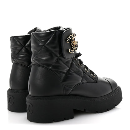 Chanel Lambskin Calfskin Quilted Lace Up Combat Boots 37 Black 5 of 10