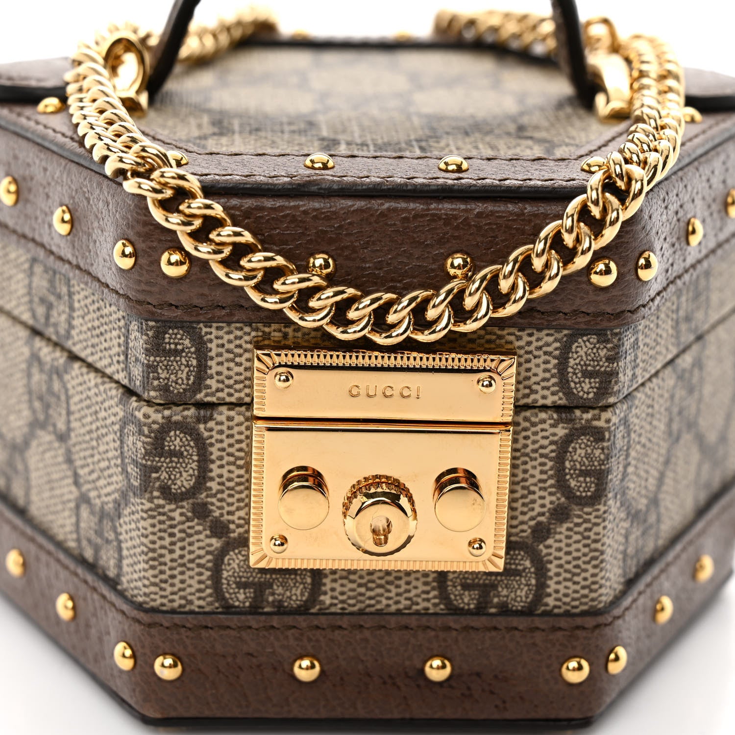 Gucci GG Supreme Monogram Textured Dollar Calfskin Studded Mini Padlock Hexagon Top Handle Case Beige Ebony New Acero 7 of 12