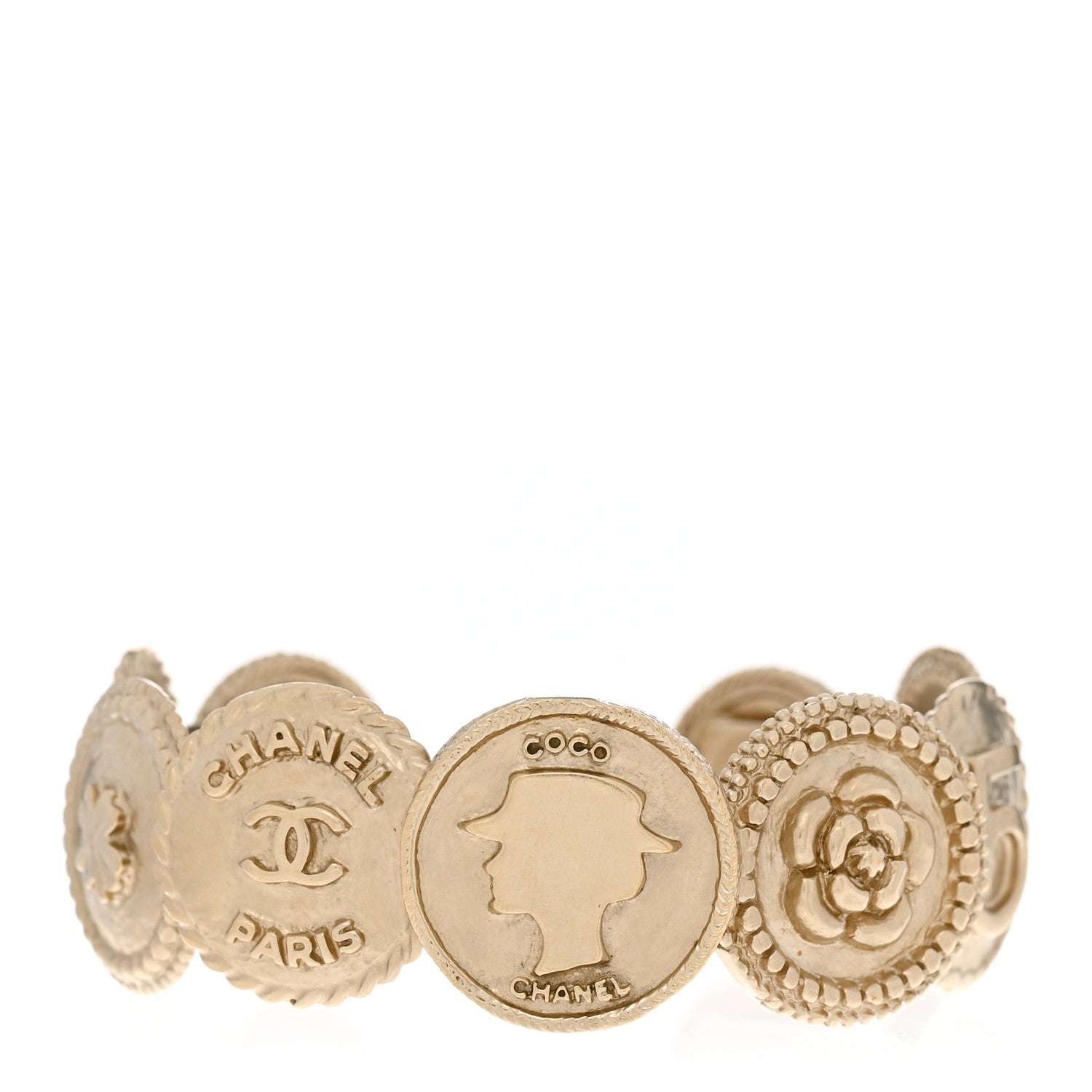Chanel Metal Mademoiselle Coin Cuff Bracelet Gold 1 of 4