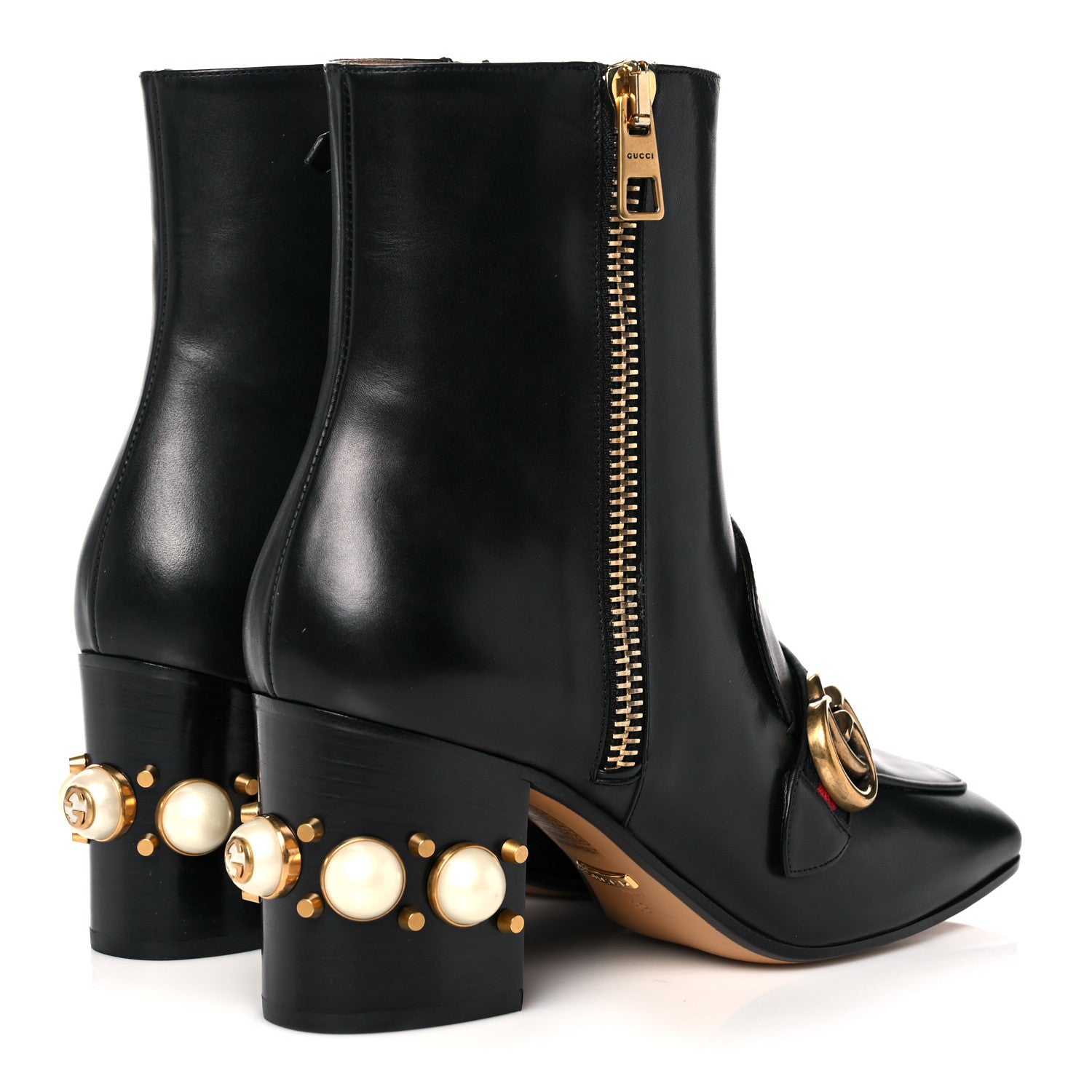 Gucci Betis Glamour Calfskin Web Pearl Embellished Peyton 75mm Ankle Boots 39 Black 4 of 11