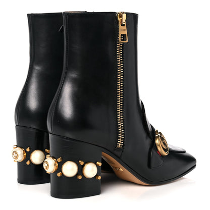 Gucci Betis Glamour Calfskin Web Pearl Embellished Peyton 75mm Ankle Boots 39 Black 4 of 11