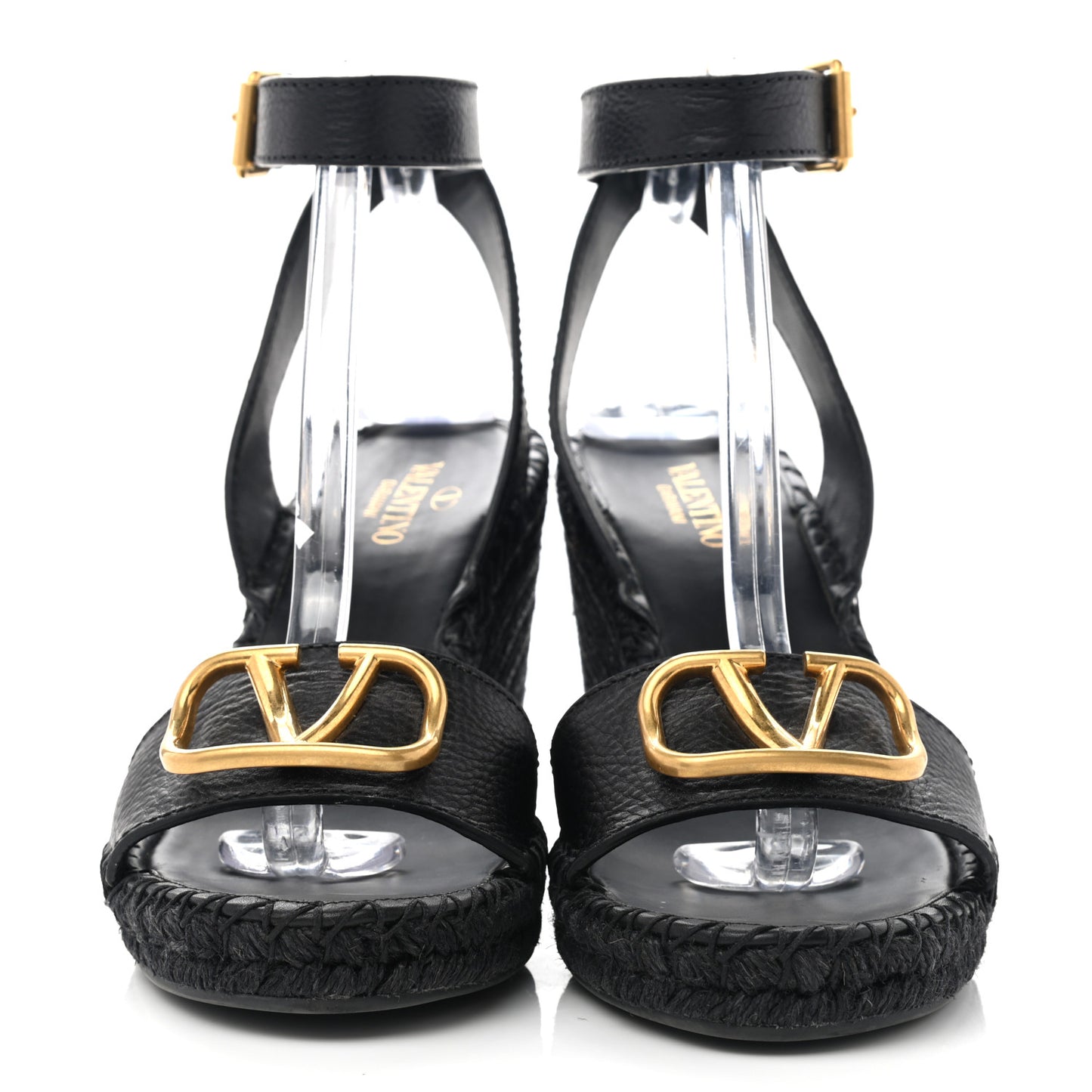 Grainy Cowhide VLogo Ankle Wrap Espadrille Wedge Sandals 41 Black