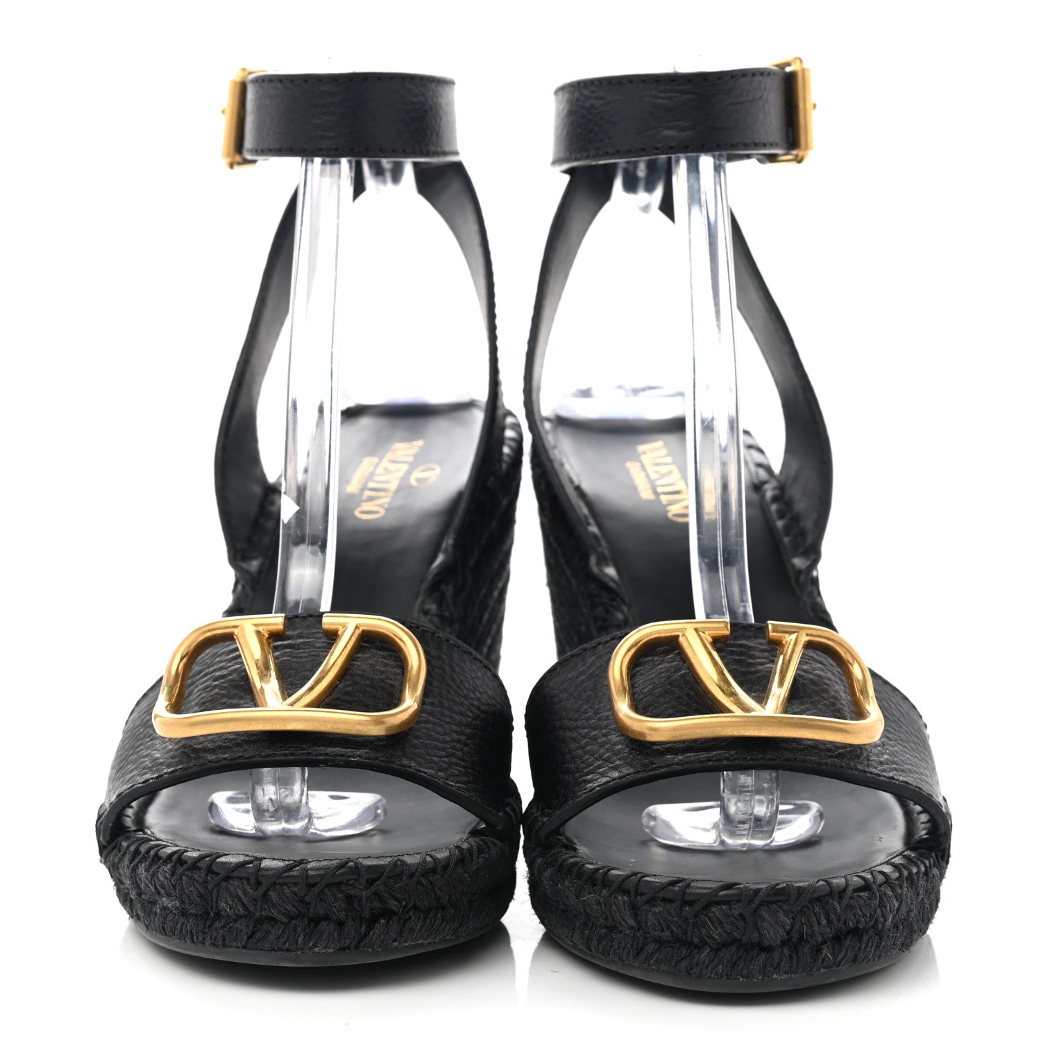 Valentino Garavani Grainy Cowhide VLogo Ankle Wrap Espadrille Wedge Sandals 41 Black 2 of 11