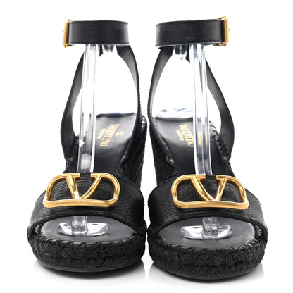 Valentino Garavani Grainy Cowhide VLogo Ankle Wrap Espadrille Wedge Sandals 41 Black 2 of 11