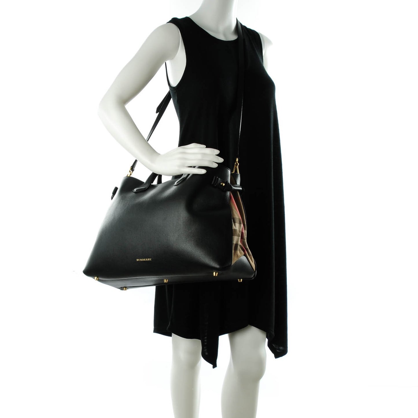 Calfskin House Check Medium Banner Tote Black