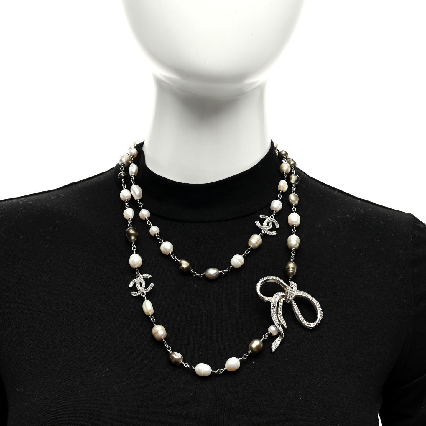 Crystal Pearl CC Bow Long Necklace Silver Grey
