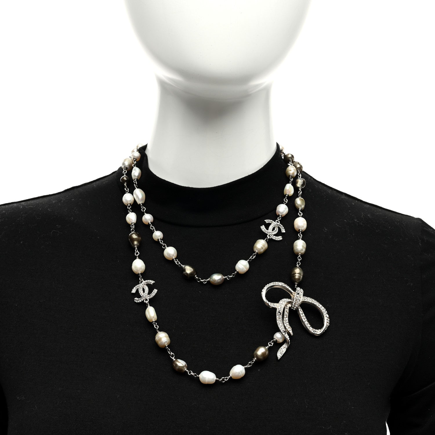 Chanel Crystal Pearl CC Bow Long Necklace Silver Grey 2 of 4