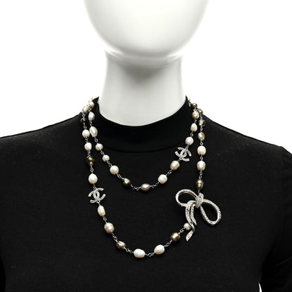 Chanel Crystal Pearl CC Bow Long Necklace Silver Grey 2 of 4