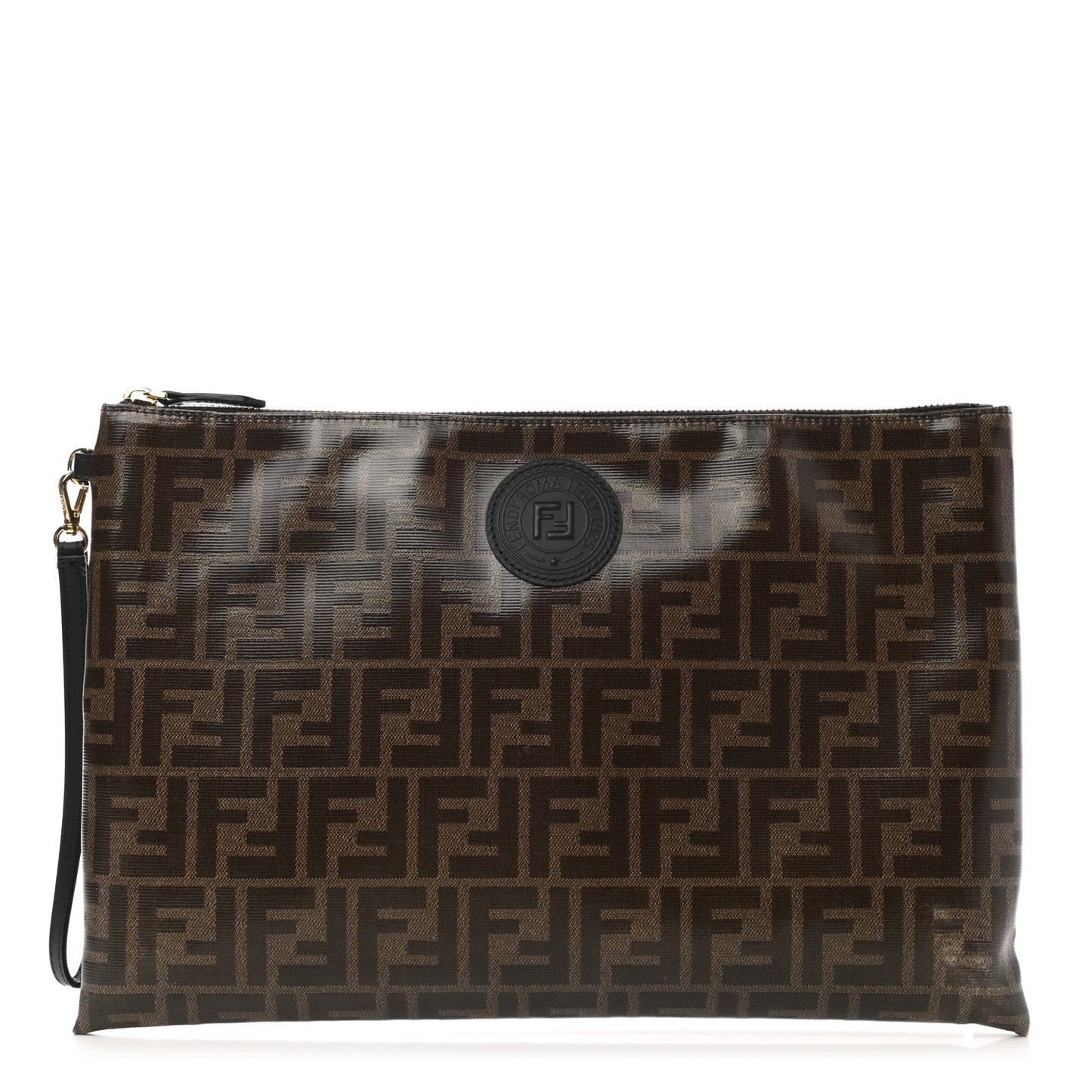 Glazed Fabric Vitello Century FF 1974 Stamp Patch Large Flat Pouch Mogano Panna Black