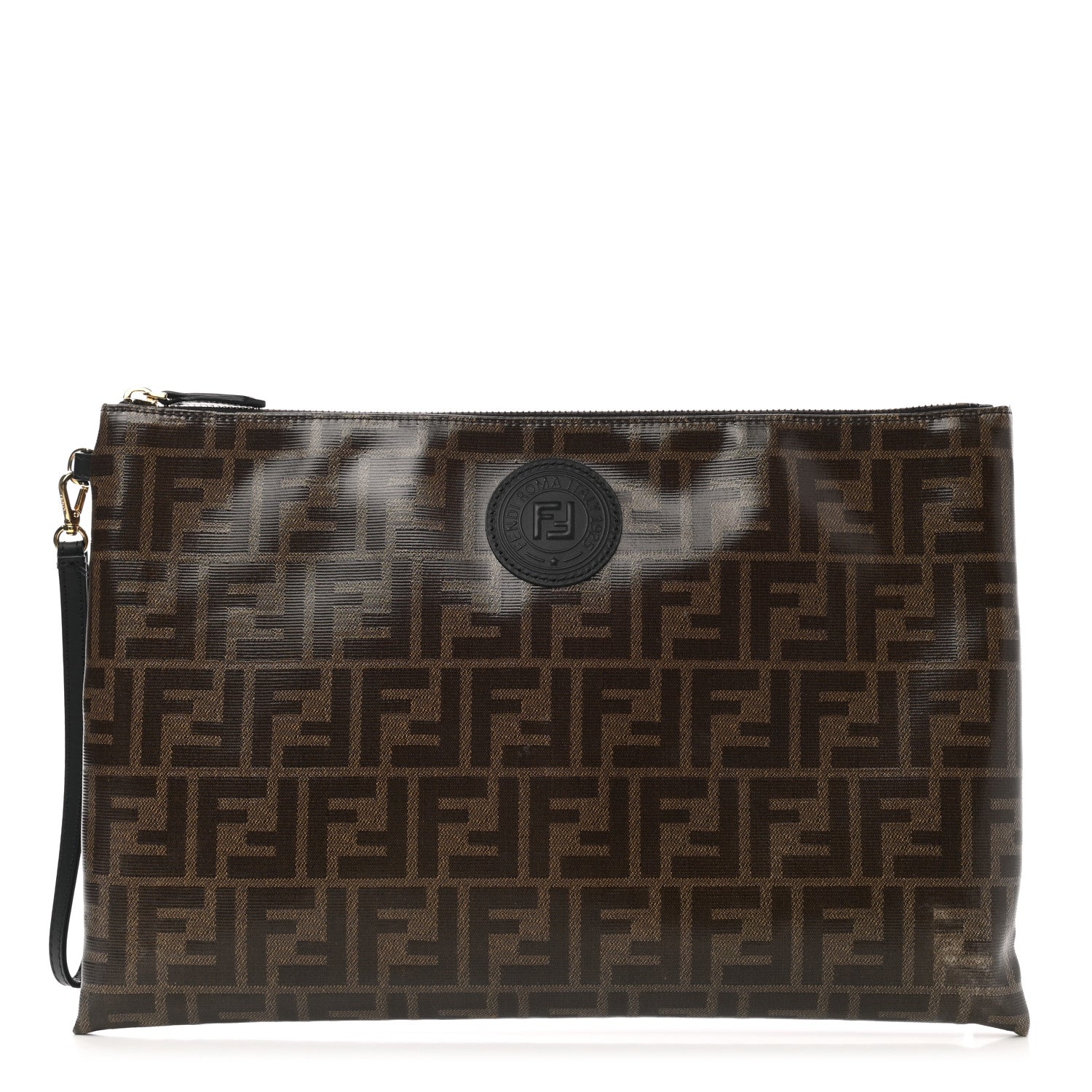 Fendi Glazed Fabric Vitello Century FF 1974 Stamp Patch Large Flat Pouch Mogano Panna Black 1 of 9