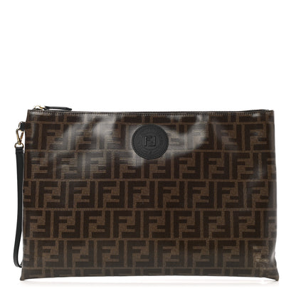 Fendi Glazed Fabric Vitello Century FF 1974 Stamp Patch Large Flat Pouch Mogano Panna Black 1 of 9