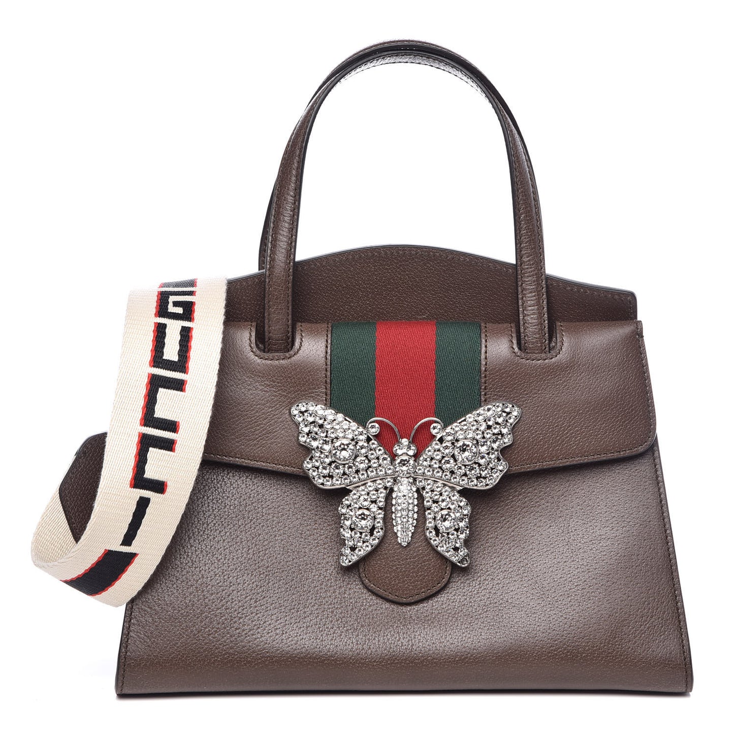 Textured Calfskin Web Crystal Butterfly Stripe Medium Totem Top Handle Bag New Acero