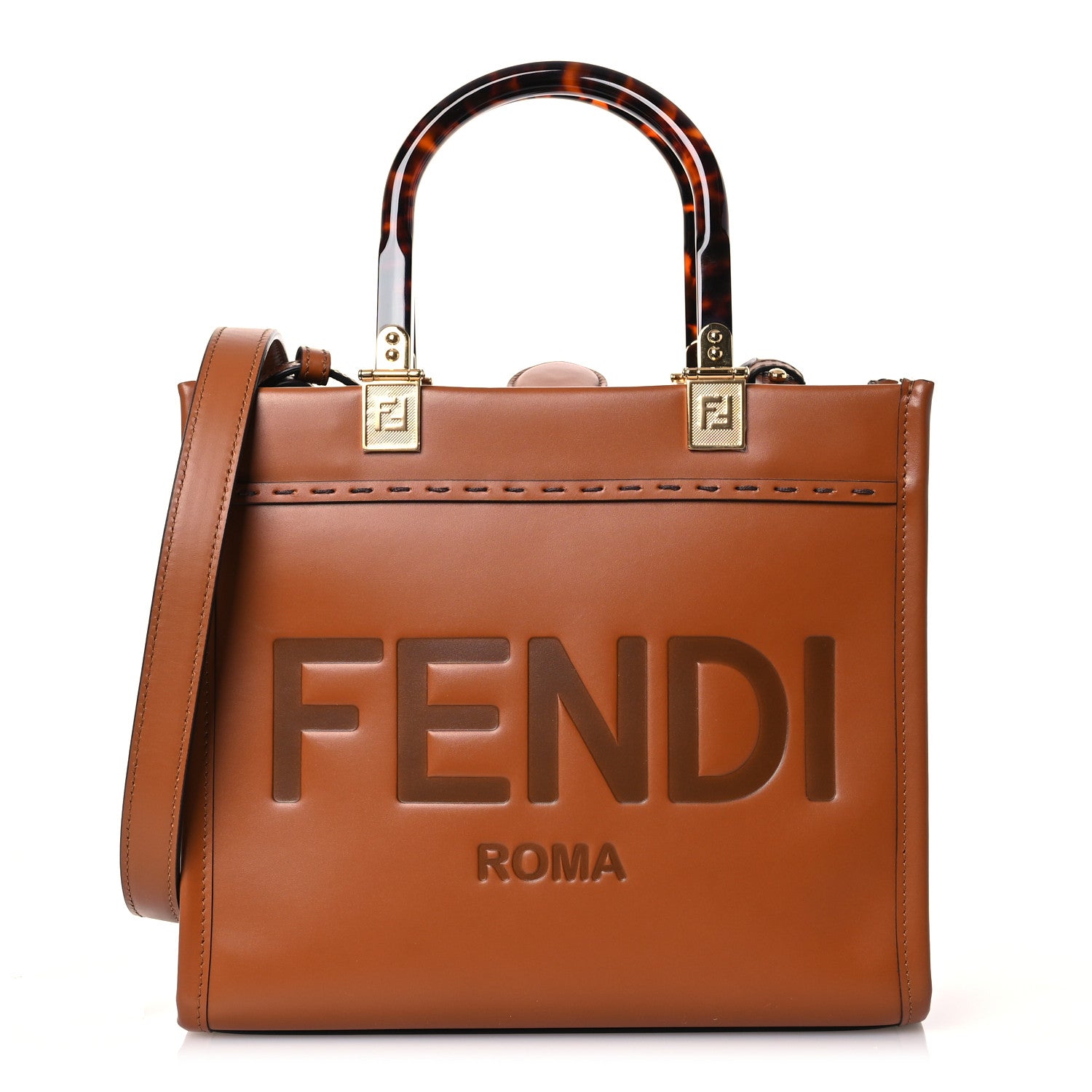 Fendi Vitello King Plexiglass Logo Embossed Small Fendi Sunshine Shopper Tote Cuoio 1 of 11