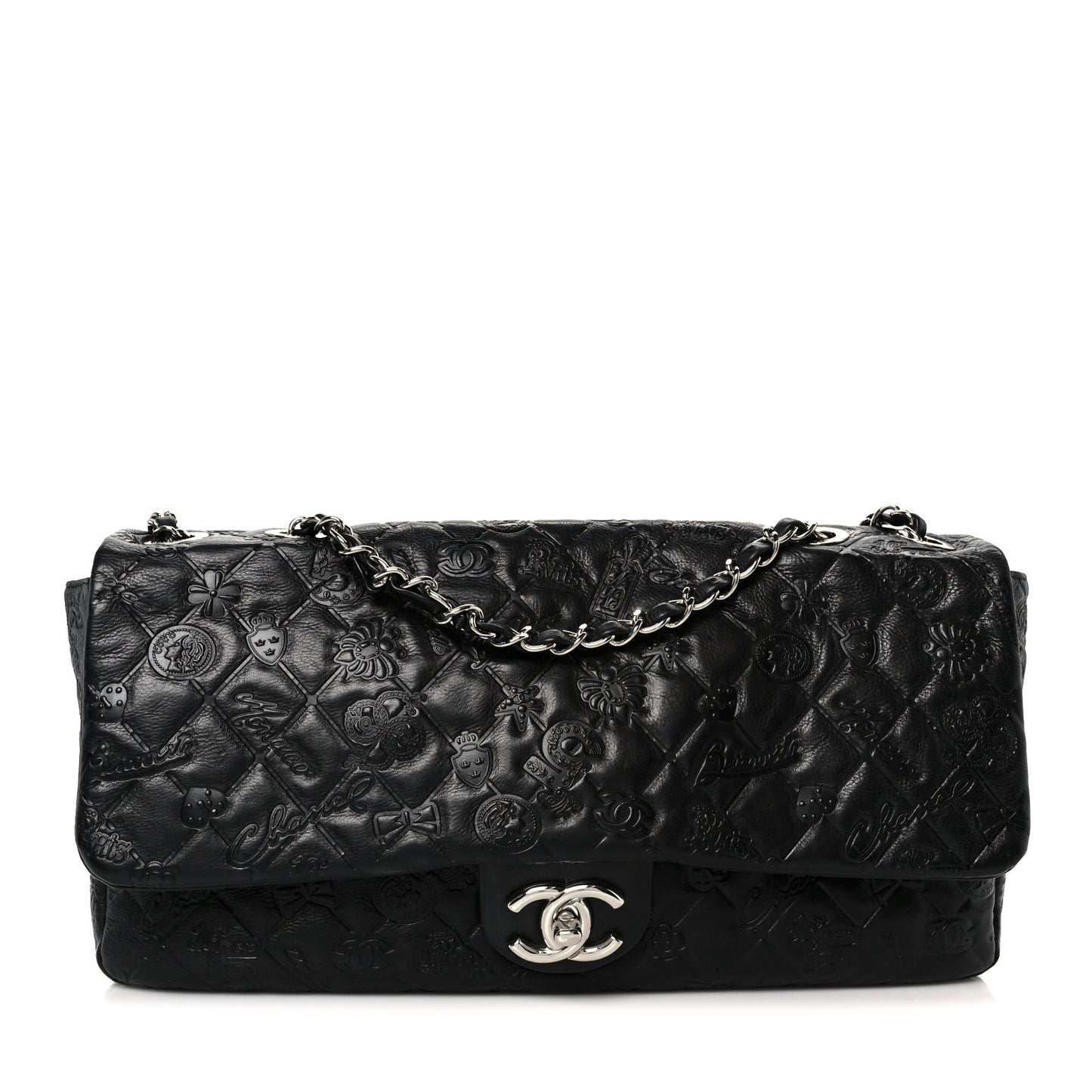 Calfskin Embossed Large Lucky Symbols Flap Black