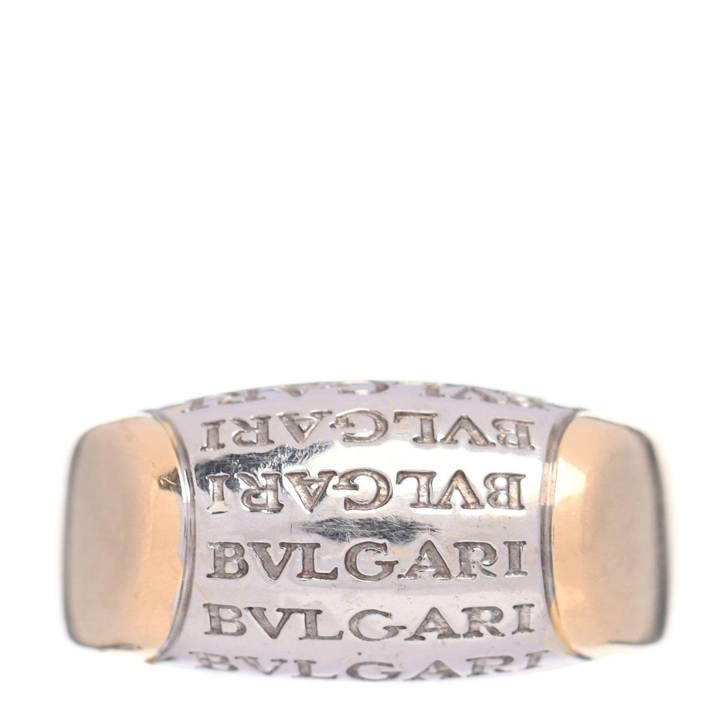 Bulgari 18K White Yellow Gold Tronchetto Logo Ring 50 5.25 1 of 5