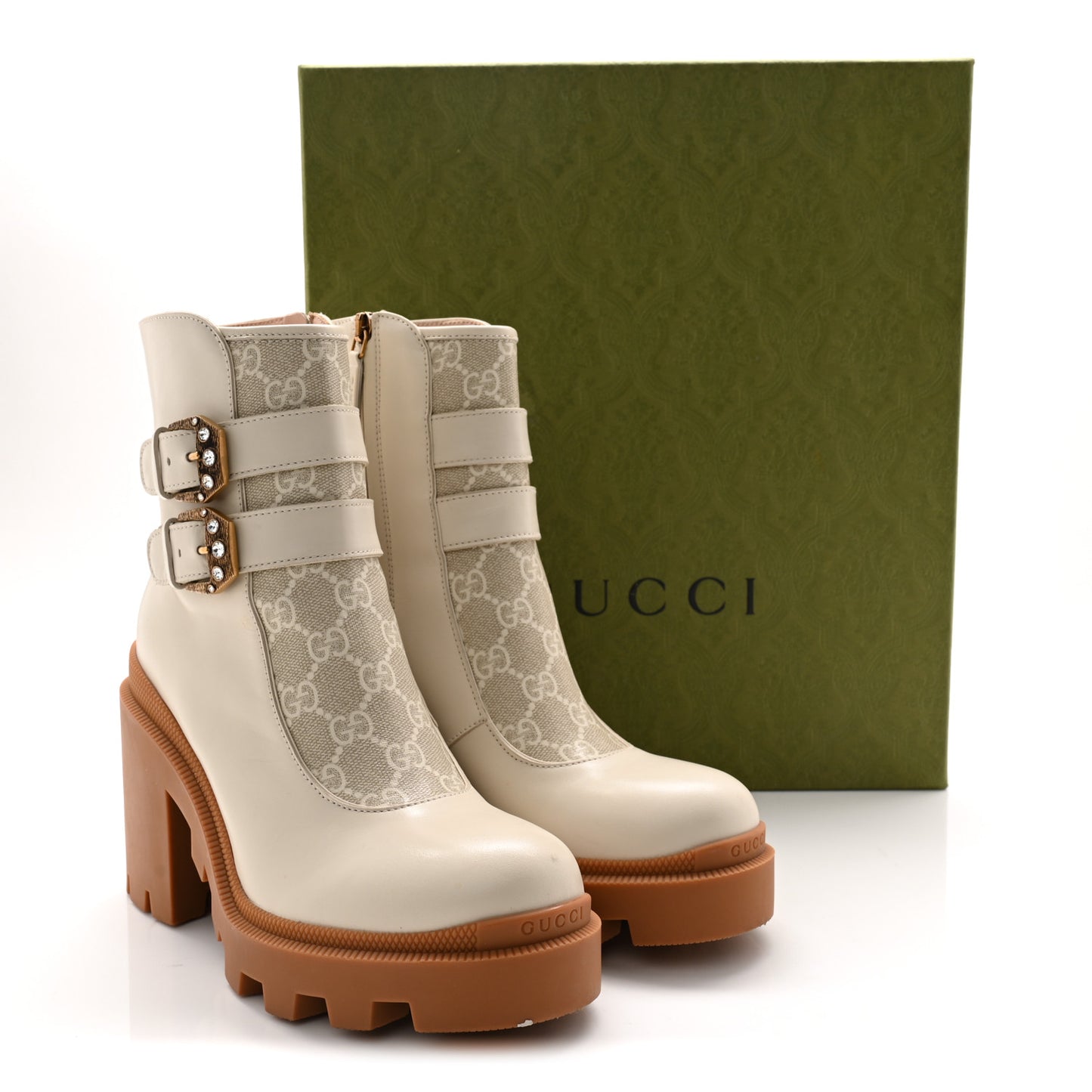 Kensington Calfskin Nappa GG Supreme Monogram Womens Double Buckle Ankle Boots 37.5 Mystic White Beige