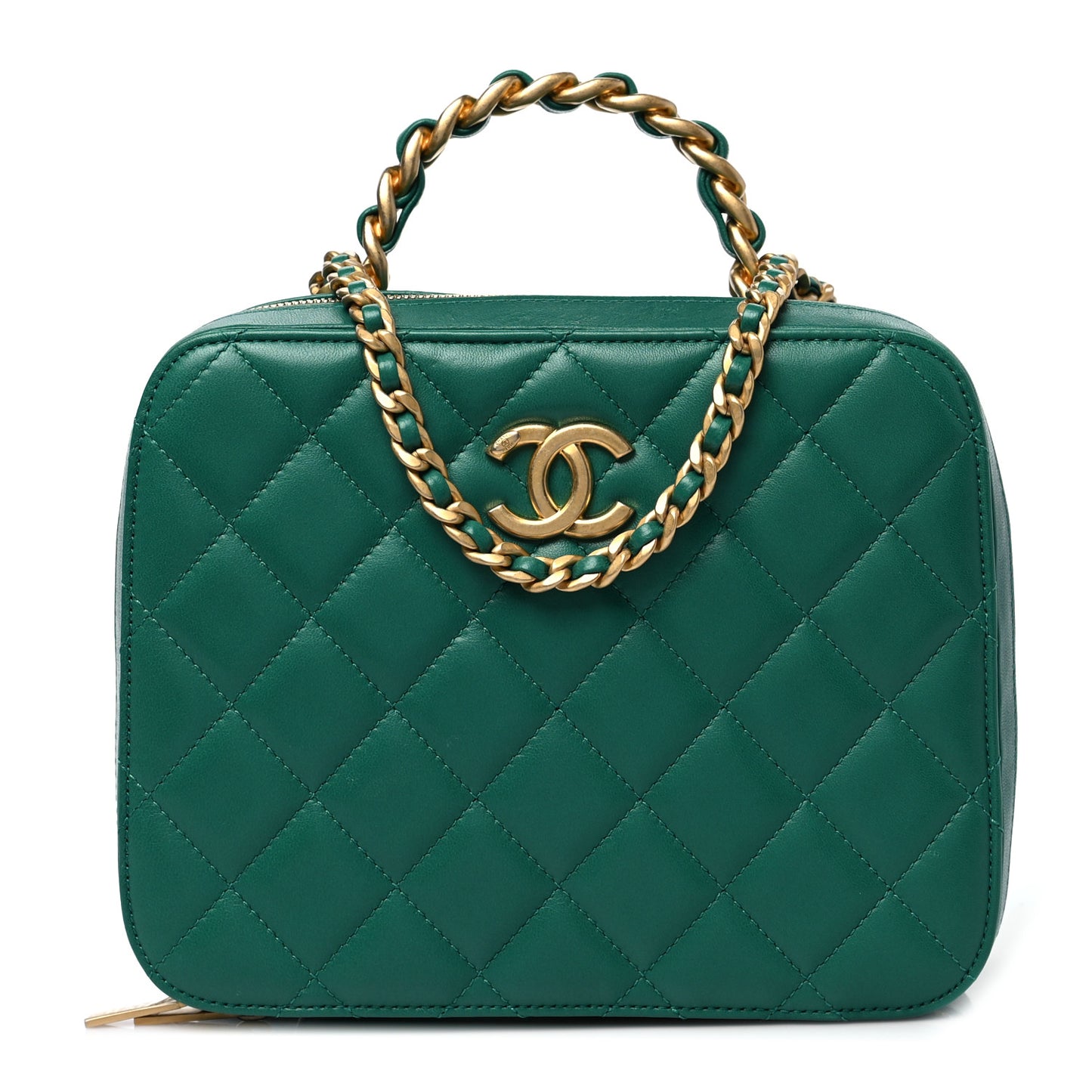 Lambskin Quilted Top Handle Vanity Case Green