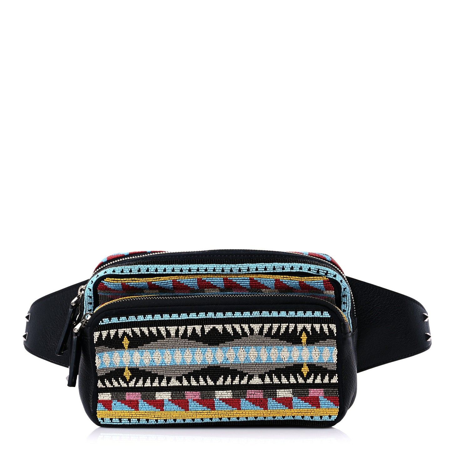 Pebbled Calfskin Beaded Rockstud Belt Bag Black