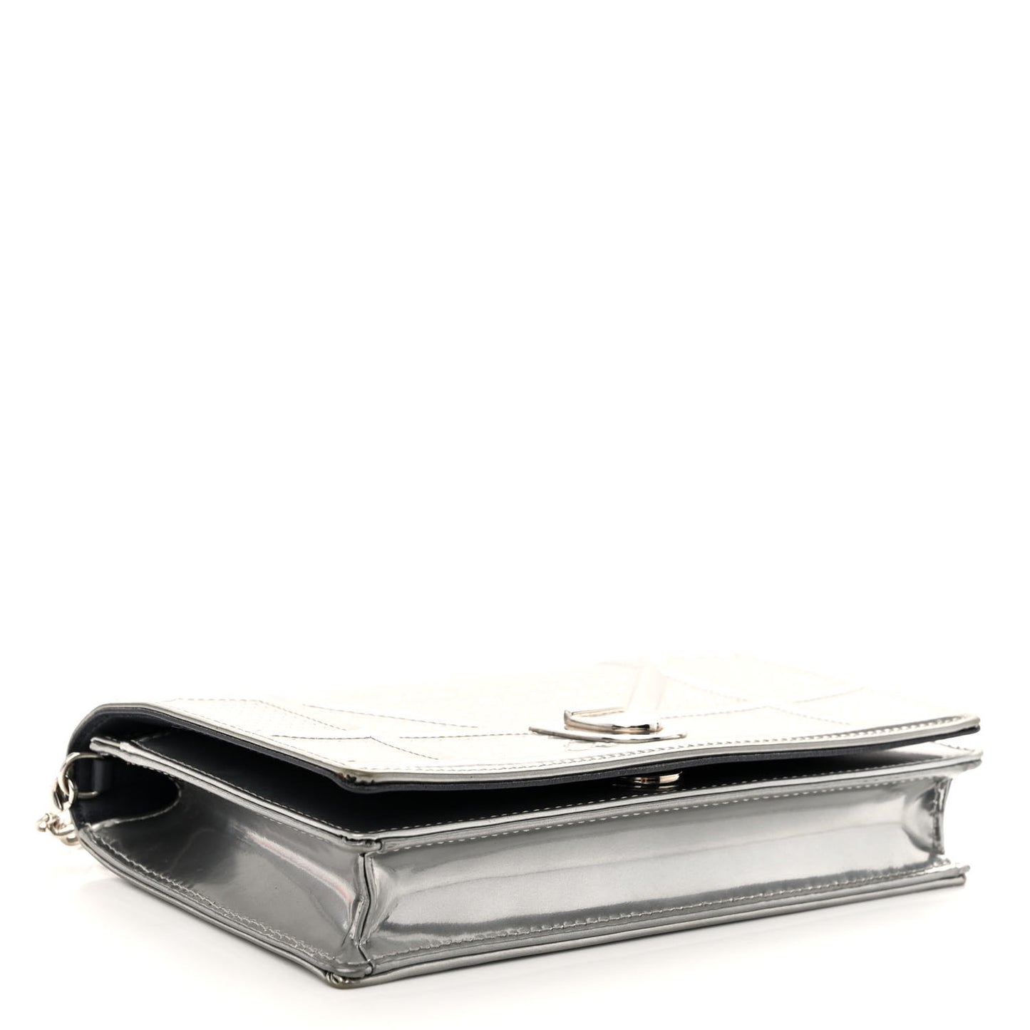 Metallic Patent Micro-Cannage Diorama Wallet on Chain Pouch Silver