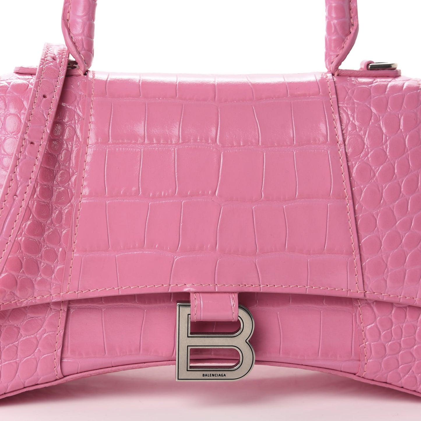 Shiny Calfskin Crocodile Embossed Small Hourglass Top Handle Bag Baby Pink