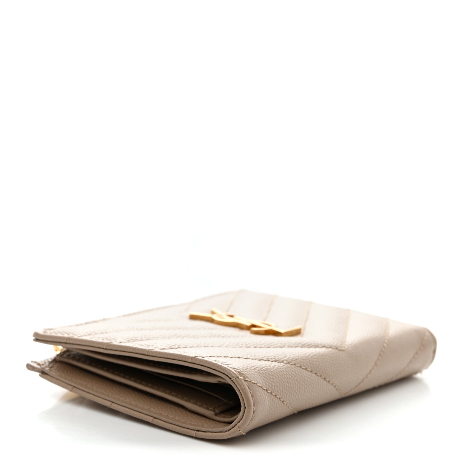 Saint Laurent Grain De Poudre Matelasse Chevron Monogram Zipped Card Case Dark Beige 4 of 8