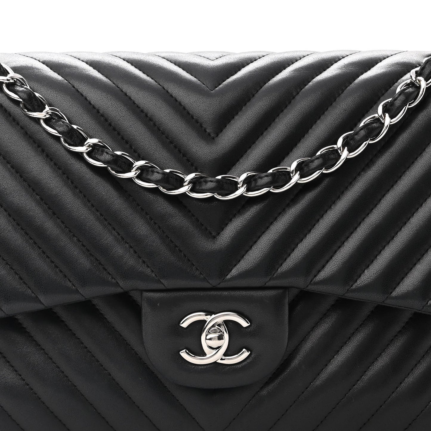 Lambskin Chevron Quilted Jumbo Double Flap Black