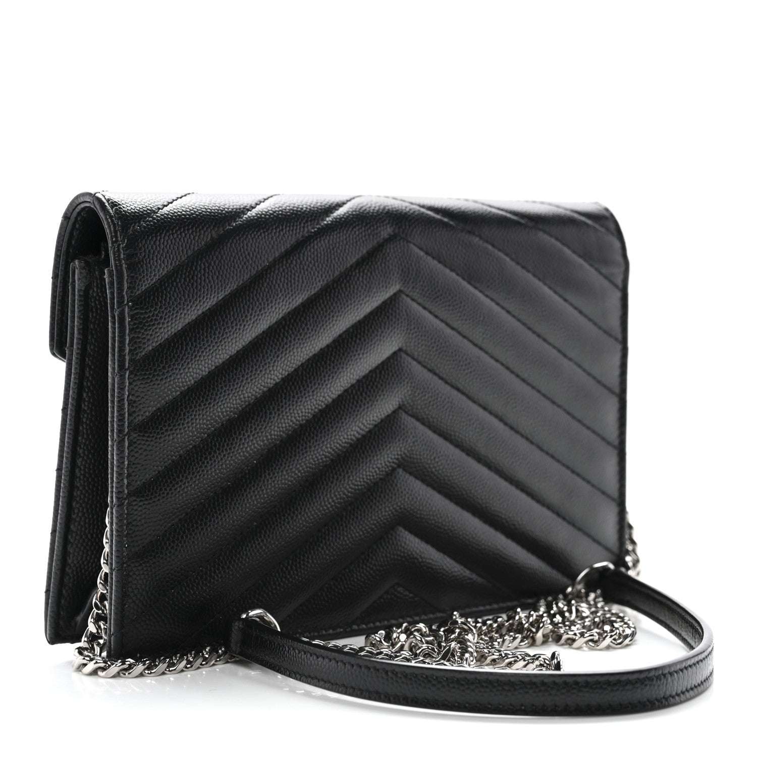 Saint Laurent Grain De Poudre Matelasse Chevron Monogram Envelope Chain Wallet Black 3 of 10