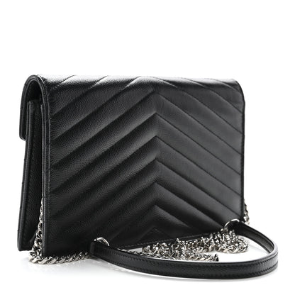 Saint Laurent Grain De Poudre Matelasse Chevron Monogram Envelope Chain Wallet Black 3 of 10