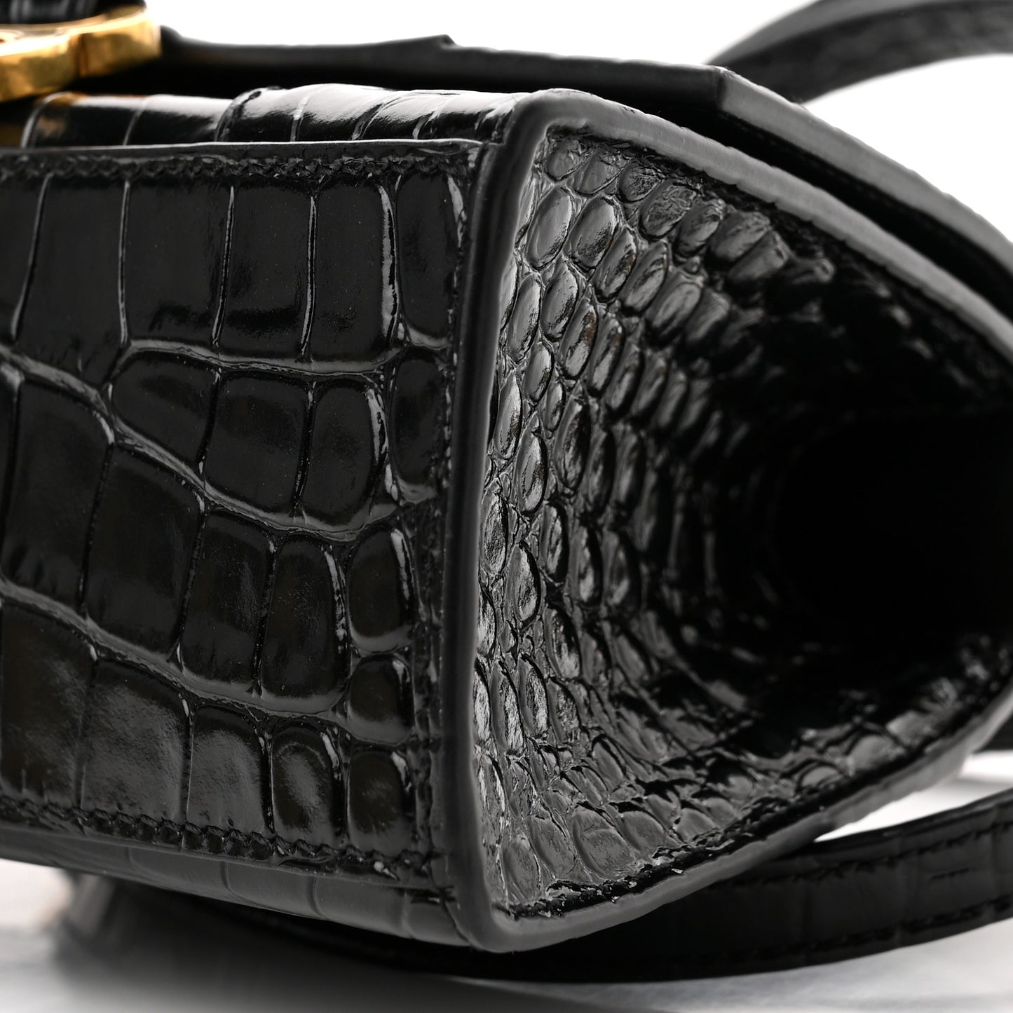 Shiny Calfskin Crocodile Embossed Hourglass Top Handle Bag XS Black