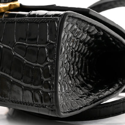 Balenciaga Shiny Calfskin Crocodile Embossed Hourglass Top Handle Bag XS Black 10 of 11