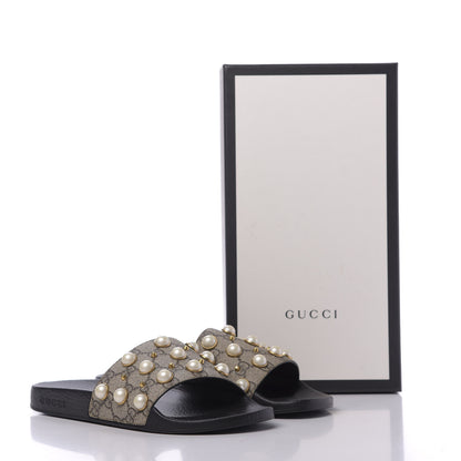 Gucci GG Supreme Monogram Slide Pearls Sandals 39 Beige 8 of 8
