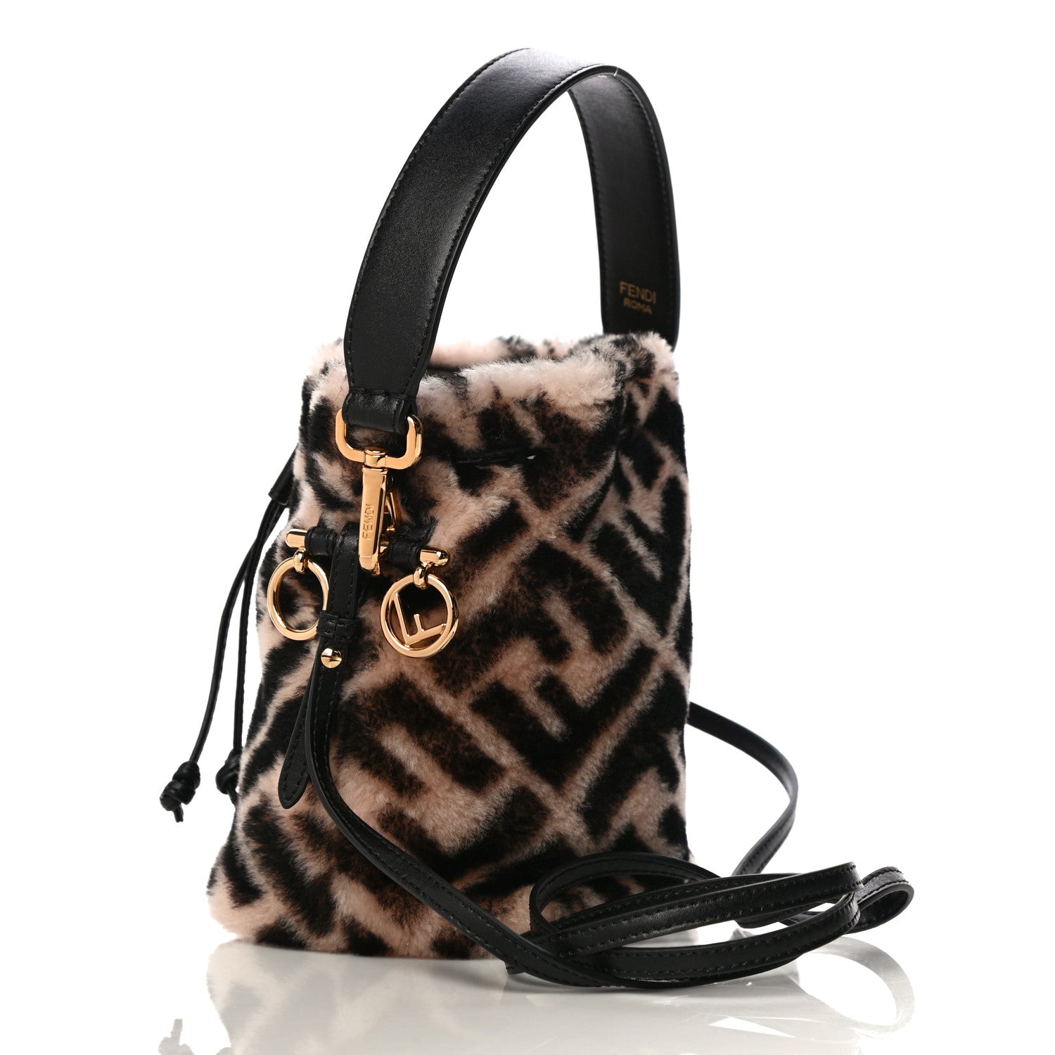 Fendi Shearling F is Fendi Macro FF 1974 Diagonal Mini Mon Tresor Bucket Bag Light Rose Black 3 of 10