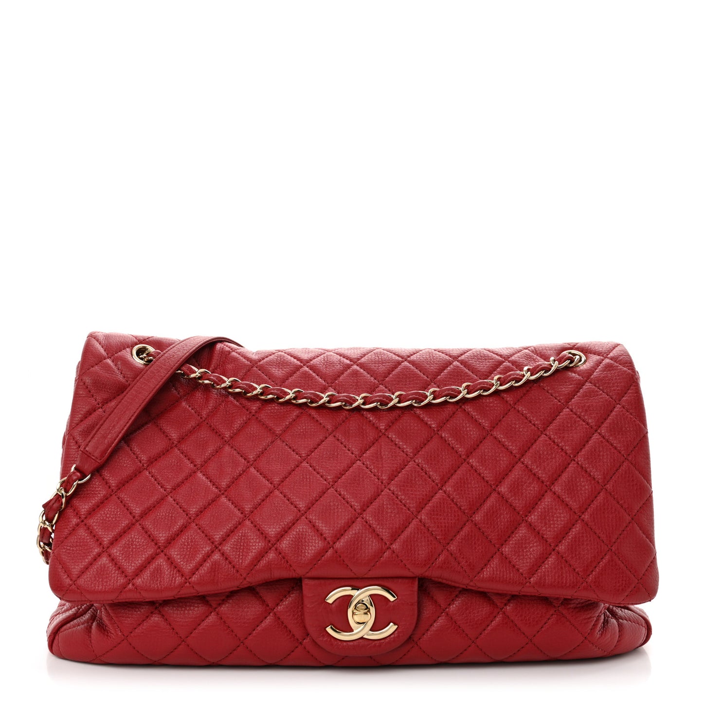 Calfskin Quilted XXL Travel Flap Bag Red