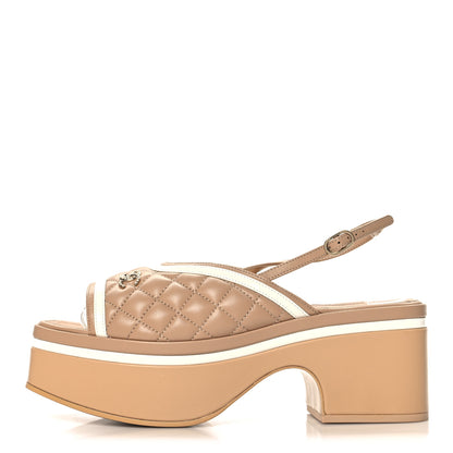 Chanel Lambskin Patent Quilted CC Platform Sandals 39.5 Beige White 1 of 10