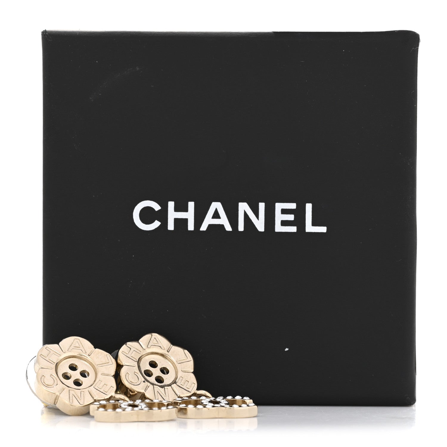 Chanel Crystal CC Flower Button Dangle Earrings Gold 5 of 5