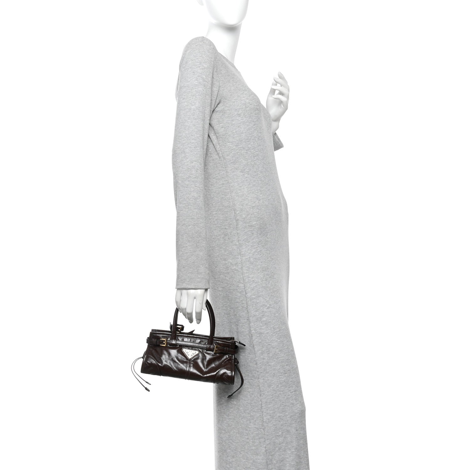 Prada Glossy Calfskin Triangle Mini Bonnie Shoulder Bag Moro 2 of 9