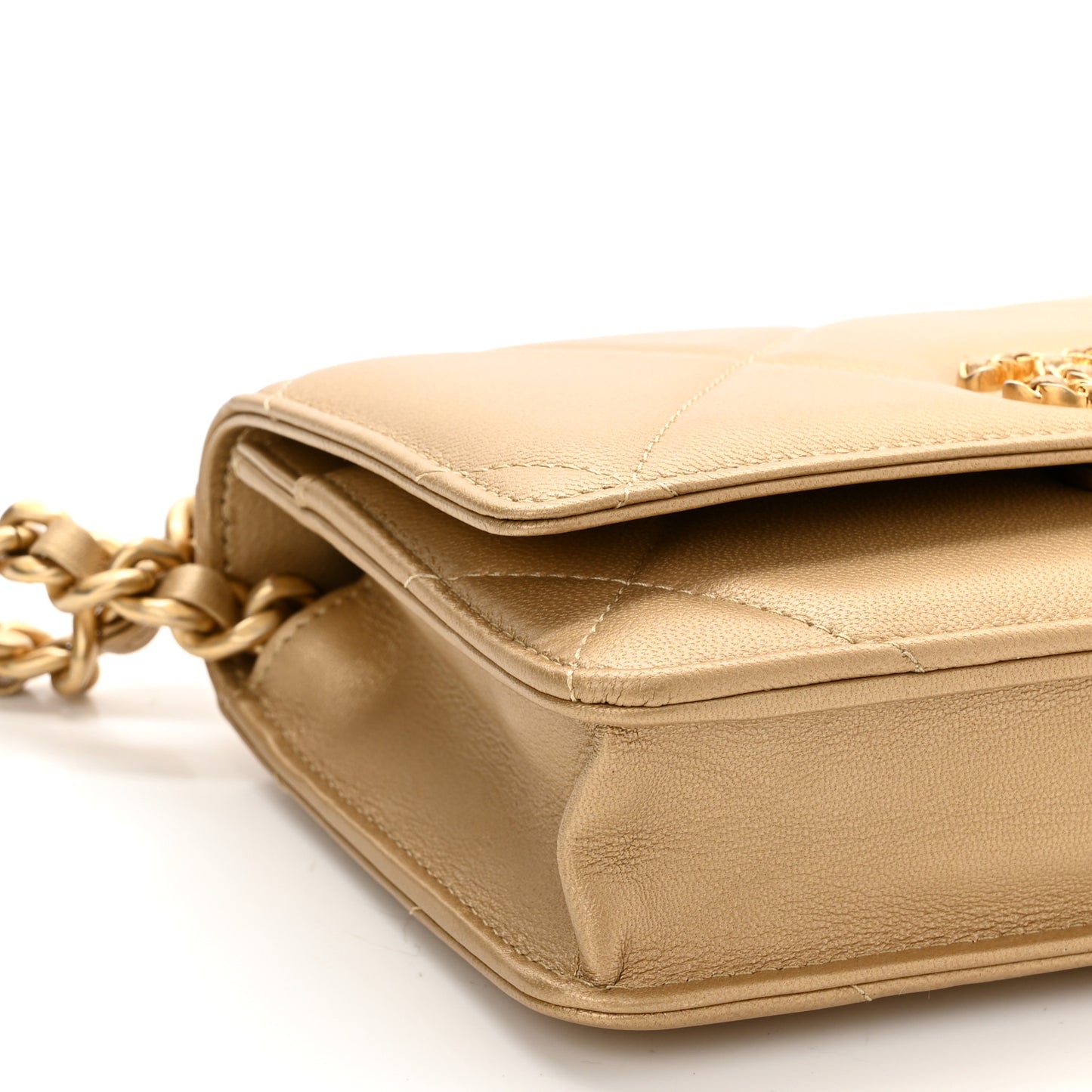 Metallic Goatskin Quilted Chanel 19 Wallet On Chain WOC Gold