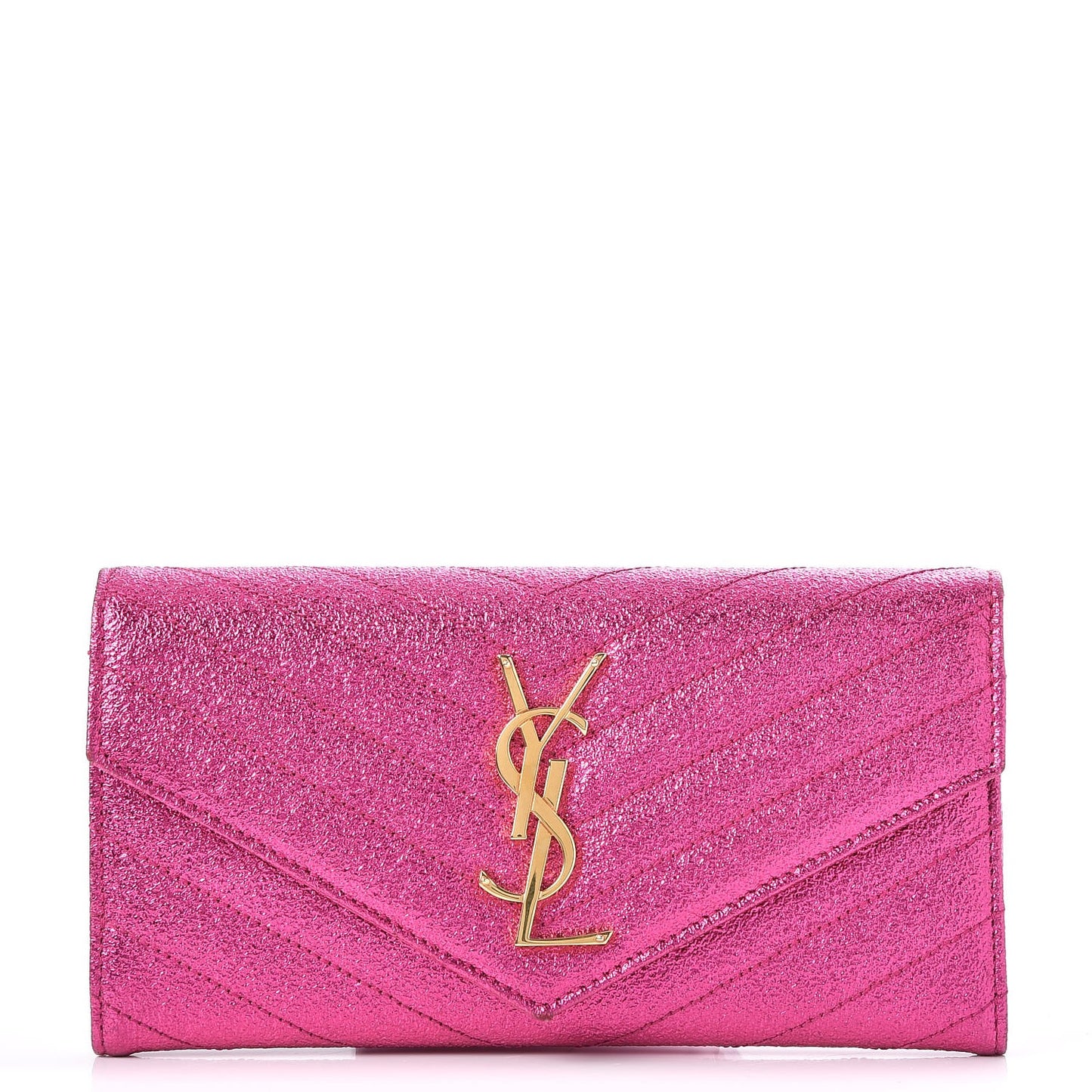 Metallic Crackled Calfskin Matelasse Chevron Monogram Flap Wallet Fuchsia
