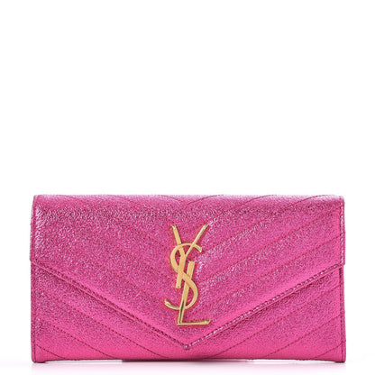 Saint Laurent Metallic Crackled Calfskin Matelasse Chevron Monogram Flap Wallet Fuchsia 1 of 9