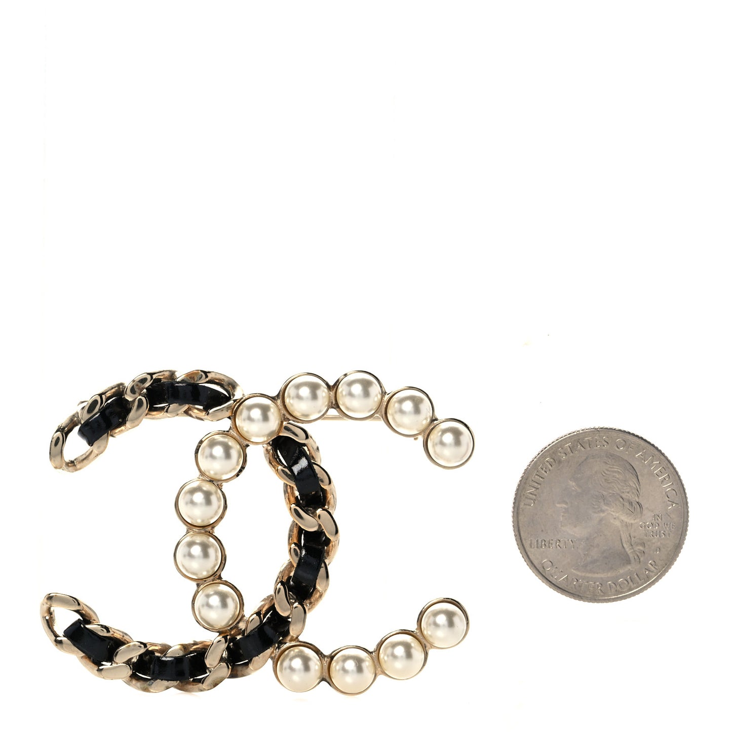 Lambskin Pearl CC Chain Brooch Black Gold