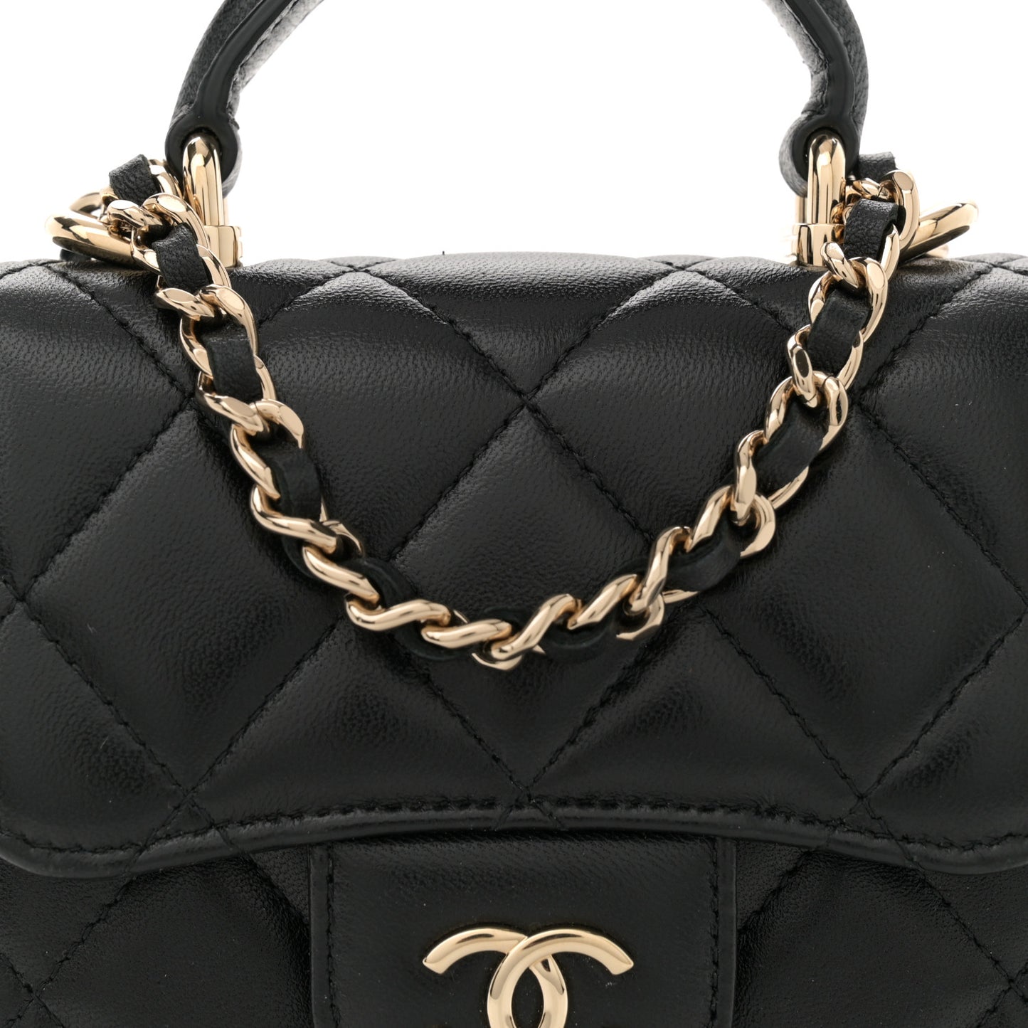 Lambskin Quilted Top Handle Flap Clutch With Chain Black