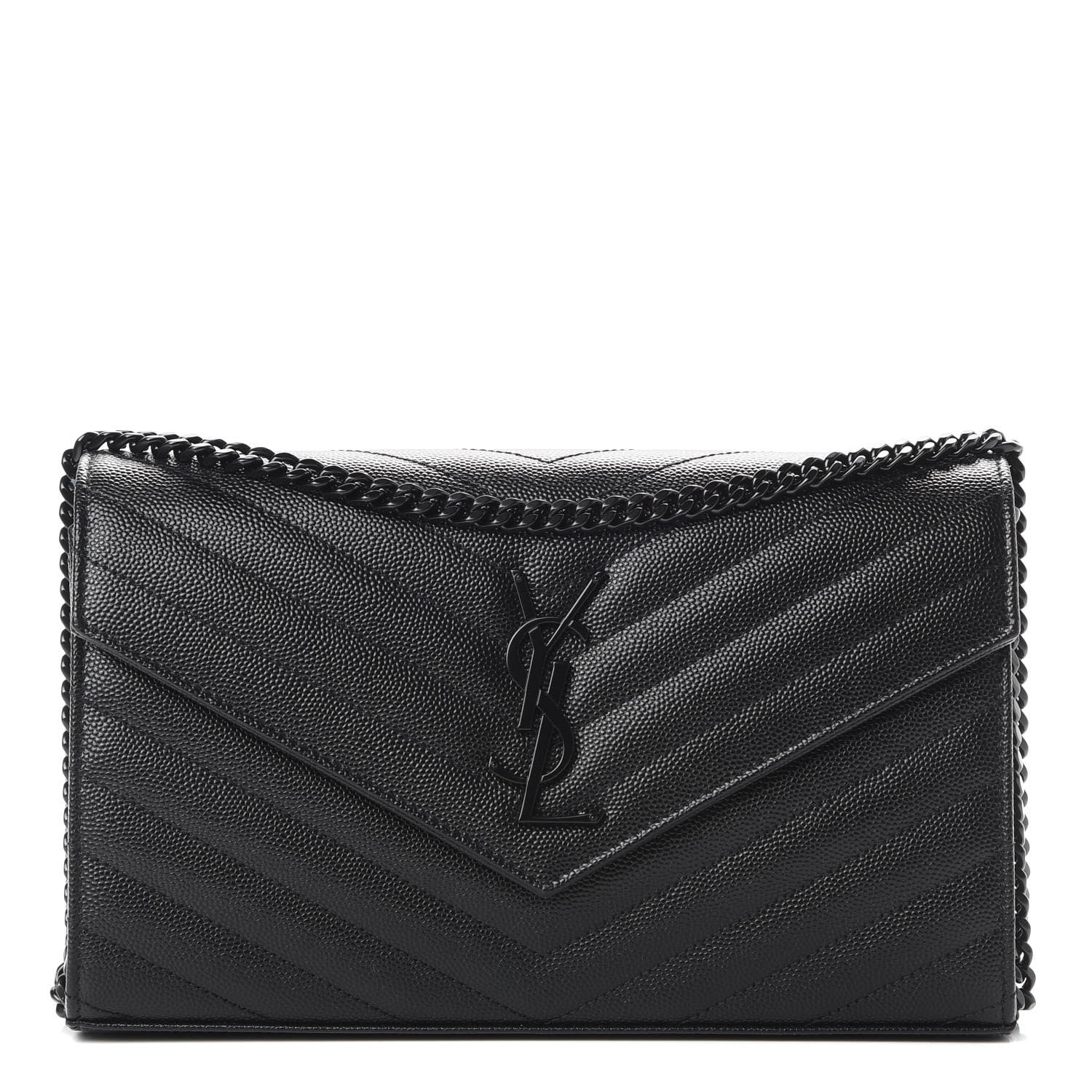 Saint Laurent Grain De Poudre Matelasse Chevron Monogram Chain Wallet Black 1 of 11
