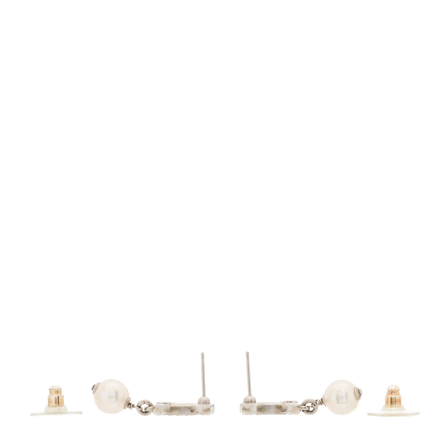 Chanel Pearl Crystal CC Drop Earrings Silver Pearly White 3 of 5