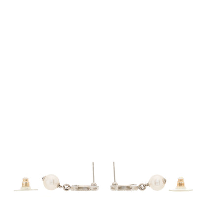 Chanel Pearl Crystal CC Drop Earrings Silver Pearly White 3 of 5