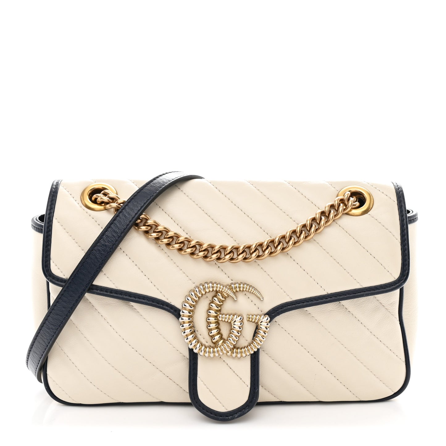 Vintage Effect Calfskin Matelasse Diagonal Small Torchon GG Marmont Shoulder Bag Mystic White Blue Agata