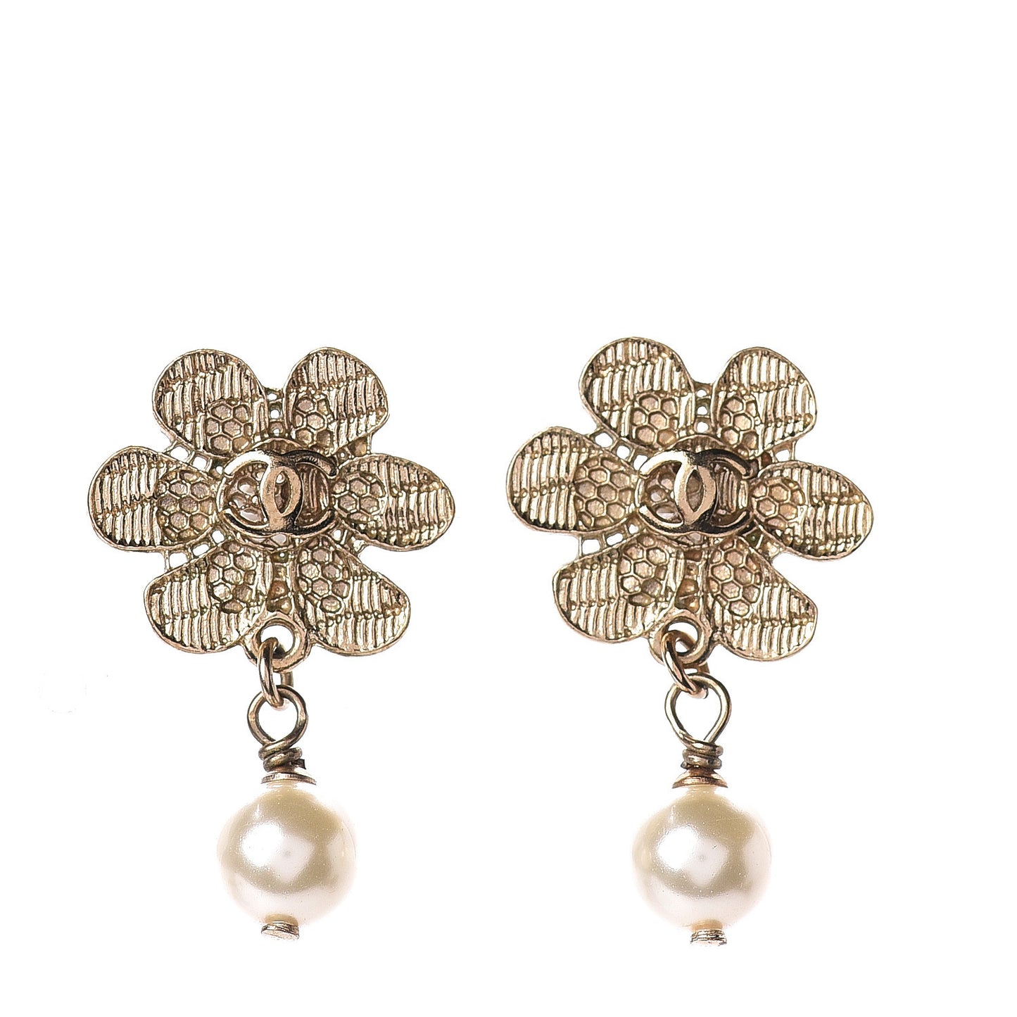 Pearl CC Flower Drop Earrings Gold